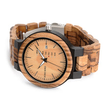 Load image into Gallery viewer, BOBO BIRD Antique Mens Zebra and Ebony Wood Watches with Date and Week Display Business Watch in Wooden Gift Box