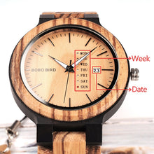 Load image into Gallery viewer, BOBO BIRD Antique Mens Zebra and Ebony Wood Watches with Date and Week Display Business Watch in Wooden Gift Box