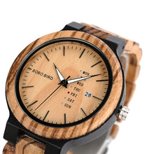Load image into Gallery viewer, BOBO BIRD Antique Mens Zebra and Ebony Wood Watches with Date and Week Display Business Watch in Wooden Gift Box