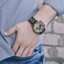 Load image into Gallery viewer, BOBO BIRD Gold Watch Men Luxury Brand Wooden Wristwatches Date Display Stop Watches reloj golden hour