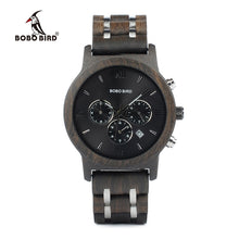 Load image into Gallery viewer, BOBO BIRD P19 Wooden Mens Quartz Watches Date Display Business Watch Ebony &amp; Zebrawood Options Valentines Gift