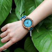 Load image into Gallery viewer, BOBO BIRD Women Watches Zebra Wooden Timepieces Turquoise Blue Men Watch Lovers Great Gifts Relogio Masculino Drop Shipping