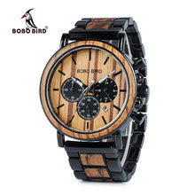 Load image into Gallery viewer, BOBO BIRD Wooden Watch Men erkek kol saati Luxury Stylish Wood Timepieces Chronograph Military Quartz Watches in Wood Gift Box