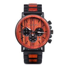Load image into Gallery viewer, BOBO BIRD Wooden Watch Men erkek kol saati Luxury Stylish Wood Timepieces Chronograph Military Quartz Watches in Wood Gift Box
