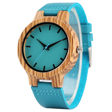 Load image into Gallery viewer, Luxury Royal Blue Wood Watch Top Quartz Wristwatch 100% Natural Bamboo Clock Casual Leather Valentine's Day Gifts for Men Women