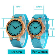 Load image into Gallery viewer, Luxury Royal Blue Wood Watch Top Quartz Wristwatch 100% Natural Bamboo Clock Casual Leather Valentine's Day Gifts for Men Women