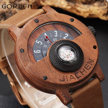 Load image into Gallery viewer, Unique Compass Turntable Number Design Mens Wooden Watch Men Brown Wood Leather Band Creative Natural Wood Wrist Watches Relogio