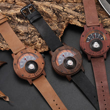 Load image into Gallery viewer, Unique Compass Turntable Number Design Mens Wooden Watch Men Brown Wood Leather Band Creative Natural Wood Wrist Watches Relogio