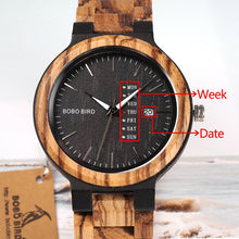 Load image into Gallery viewer, relogio masculino BOBO BIRD Wood Watch Men erkek kol saati Week Display Date Japan Quartz Men' Watches Accept Logo Drop Shipping
