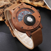 Load image into Gallery viewer, Unique Compass Turntable Number Design Mens Wooden Watch Men Brown Wood Leather Band Creative Natural Wood Wrist Watches Relogio