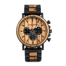 Load image into Gallery viewer, BOBO BIRD P09 Wood and Stainless Steel Watches Luminous Hands Stop Watch Mens Quartz Wristwatches in Wooden Box dropshipping